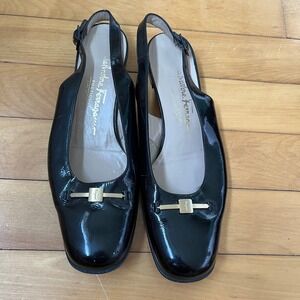 Salvatore Ferragamo Black Patent Leather Square Toe Slingback Pumps Gold 7.5